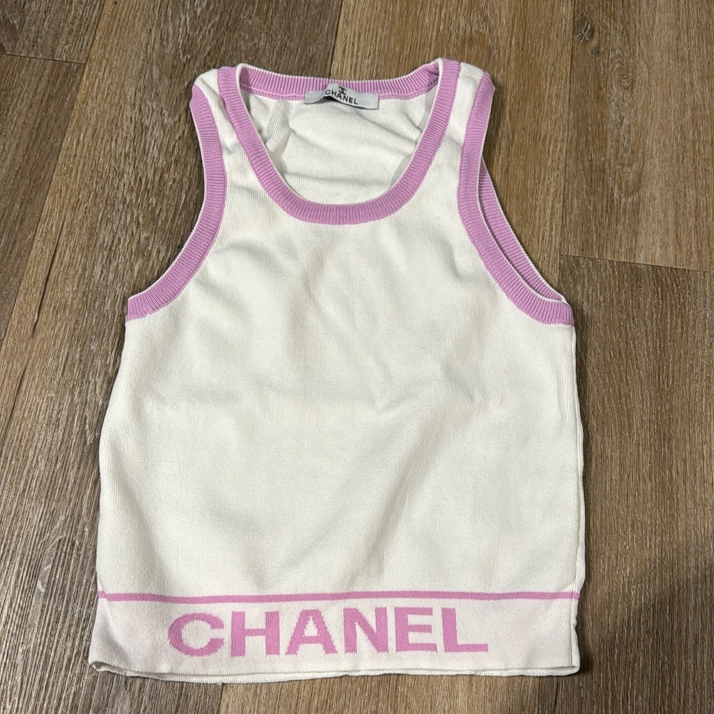 Chanel White/Pink Logo Knit Tank Top